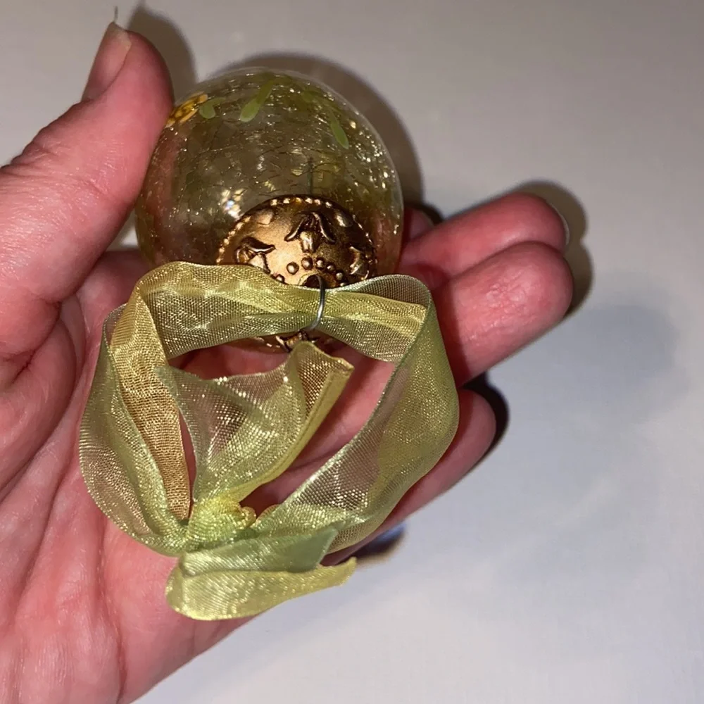 Russ Hand Painted Crackle Glass Yellow rose egg ornament with box.